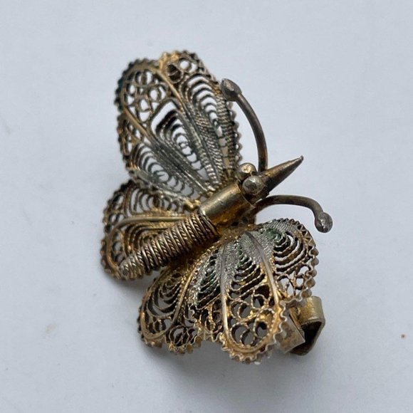 Vintage Antique 800 Sterling Silver Gold-Tone Filigree Butterfly Brooch Pin - Picture 4 of 6